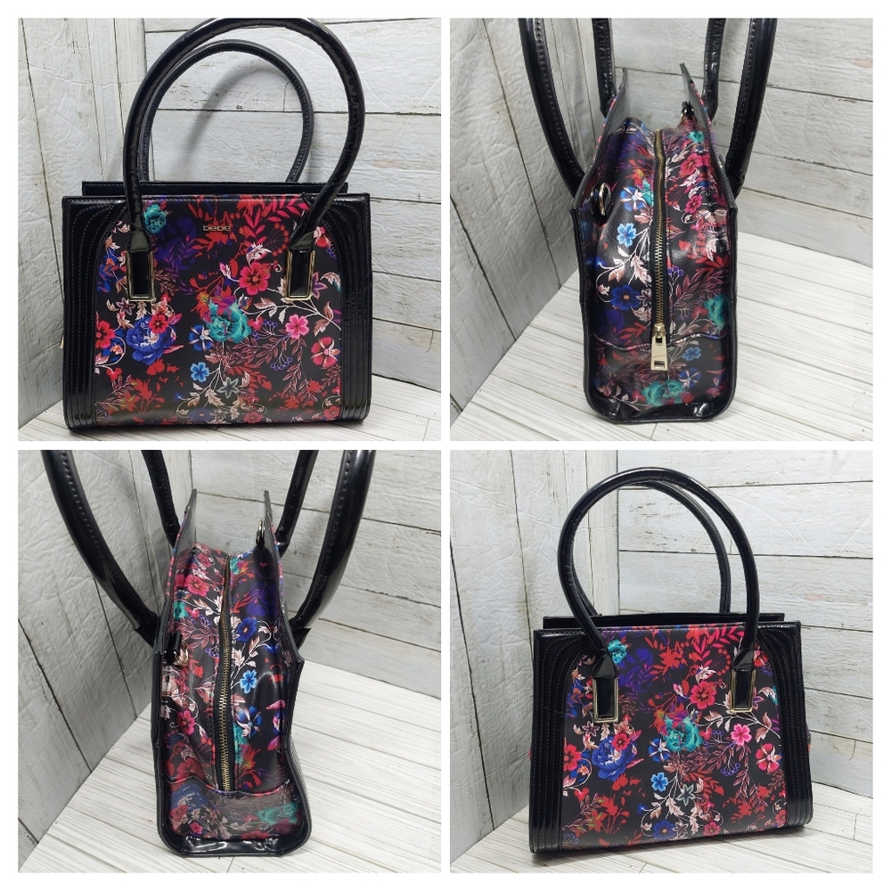 Bebe Black Multi-Floral Print Med/Lrg 2Handle Zip Pockets Square Satchel Handbag - Picture 2 of 8